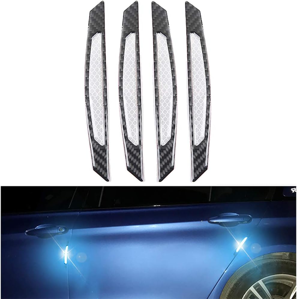 Aprilyy 4pcs 3D Super White Reflective Stickers Black Real Carbon Fiber Strips Car Side Door Edge Bumper Anti-Scratch Protection Guards Trim Stickers Universal