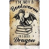 Book Dragon Classroom Library Wall Decor Sign, I'm Not a Bookworm I'm a Book Dragon Funny Wall Art, Reading Inspirational Vintage Metal Tin Poster for Reading Corner Wall Decor Gift 8 x 12 Inch