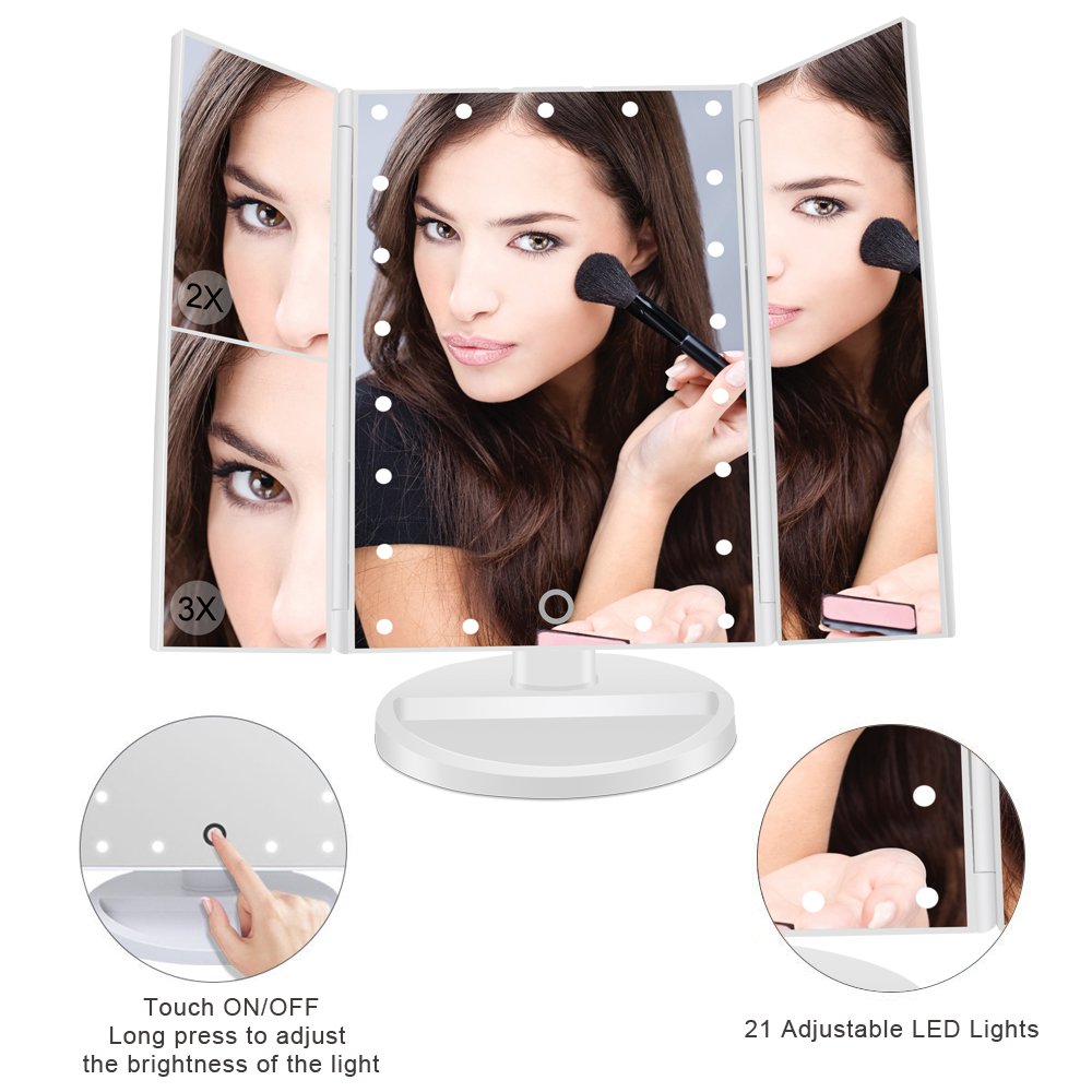 FASCINATE Lighted Makeup Mirror with 21 LED Lights Touch Screen Dimming, Tri-Fold 3X/2X/1X Magnification 180 Degree Rotation Vanity Mirror (White)
