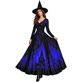 Witch Costume Women Long Sleeve V Neck Treehouse Thorns Printed Maxi Dress 2026 Halloween Costumes Gothic Outfit
