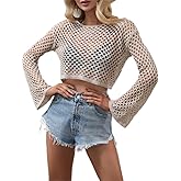 KEOMUD Women Mesh Crochet Crop Top Long Sleeve Hollow Out Knit Sweater Bikini Beach See Through Cover Ups