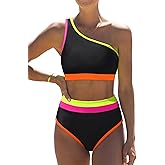 popvil Women's One Shoulder Swimsuit : Neon 2 Piece High Waisted Bikini Sets Cute 2026 Color Block Bathing Suit