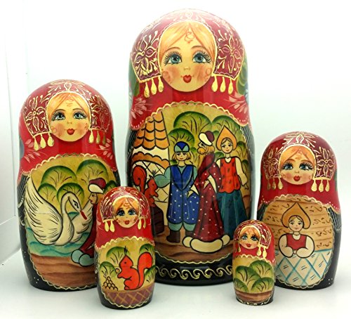 Tsar Saltan fairy tale by Pushkin Russian Nesting doll Hand Carved Hand Painted 5 piece Set 7" tall