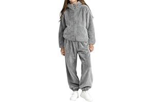 Kids Flannel Sweatsuits Fuzzy Soft Stand Collar Zipper Jacket Sweatpants Toddler Girls Boys 2 Piece Tracksuit for 1-15 Years