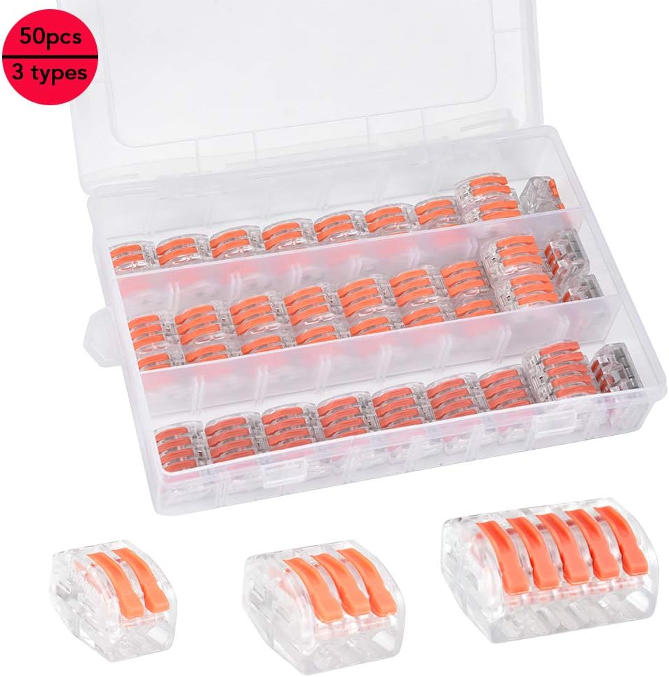 Lolypot Wire Connectors Lever Nut Connector 50 Pack Assortment Conductors Compact Terminal Block Splicing Connector Wire Push Cable Connector 2 Port 3 Port 5 Port