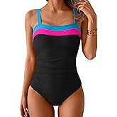 Aidonger Women's Ribbed One Piece Swimsuits Color Block Tummy Control Bathing Suit Slimming 1 Piece Swimwear