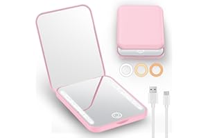 Gospire Mini Rechargeable Travel Makeup Mirror with Lights and Magnification 1X / 3X, LED Compact Mirror with 3 Light Colors & Adjustable Brightness, Small Vanity Mirror Handheld for Purses – Pink