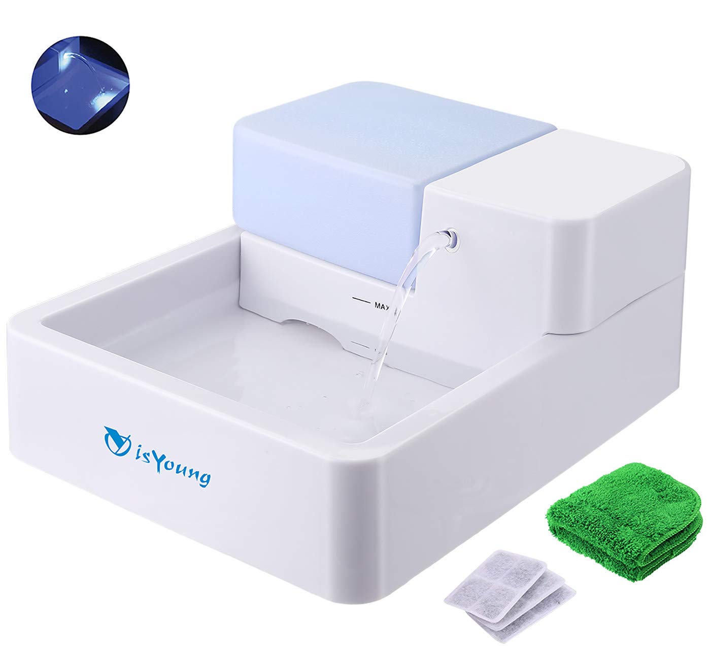isYoung 24 * 7 Ultra Quiet Drinking Pet Fountain for Cats and Dogs 1.8L Water Capacity with Activated Carbon Filter and LED Lighting