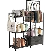 Baomengya Handbag Organizer - 3 Tier Purse Storage Rack with Pull Out Drawer & 6 Hooks, High Capacity Handbag Holder Shelf, Metal Frame with Wood Shelves for Closet/Bedroom(Dark Grey)
