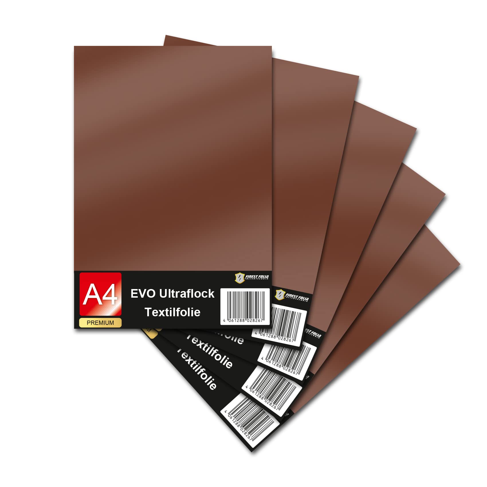 Evo Ultraflock Textile Film for Plotter, 33 Colours, Flock Film in DIN A4 Format, 30 x 20 cm, Plotter Film for Fabric, Clothing, T-Shirt, Flock Film Accessories (Set of 5, 028 Brown)