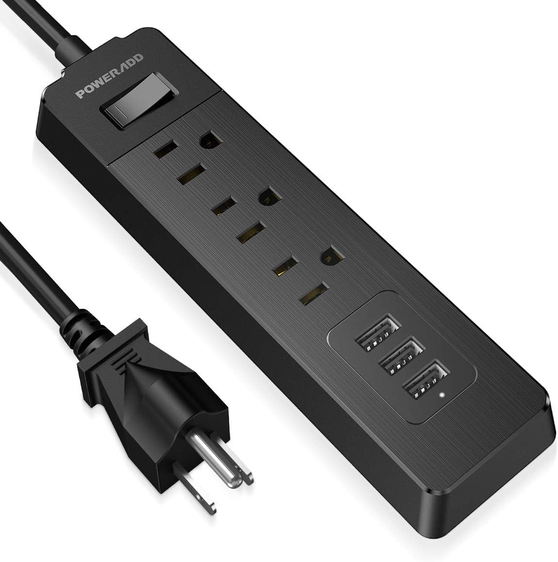 POWERADD Power Strip with USB, Surge Protector 3 AC outlets & 3 Smart USB Ports, 5ft Extension Cord 1250W, Wall Mountable for Home, Office and Dorm(Black)