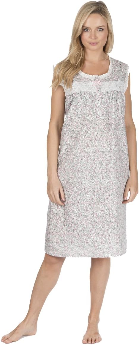 COTTONIQUE Ladies Polycotton Sleeveless Nightdress with Lace Panel and Bow