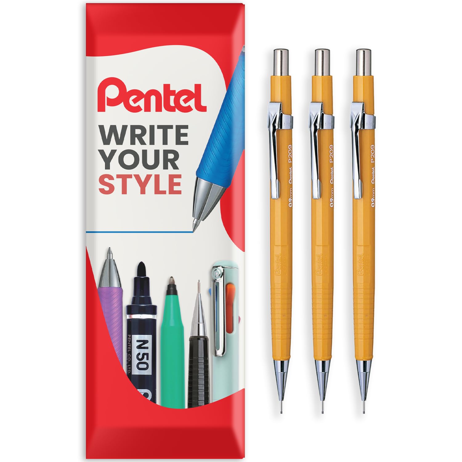 Pentel P200 Series Automatic Mechanical Pencil - Pack of 3 HB Pencils - In Envelope Gift Packaging (P209 (0.9mm))