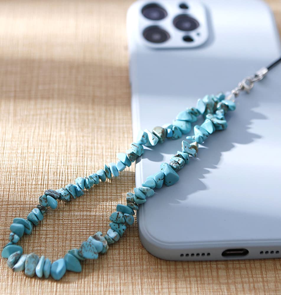 Colourful Natural Crystal Stone Gravel Mobile Phone Chain,Universal Mobile Phone Hand Strap Mobile Phone Charm Wrist Mobile Phone Lanyard Beads Chain Key Bags Mobile Phone Pendant,Turquoise