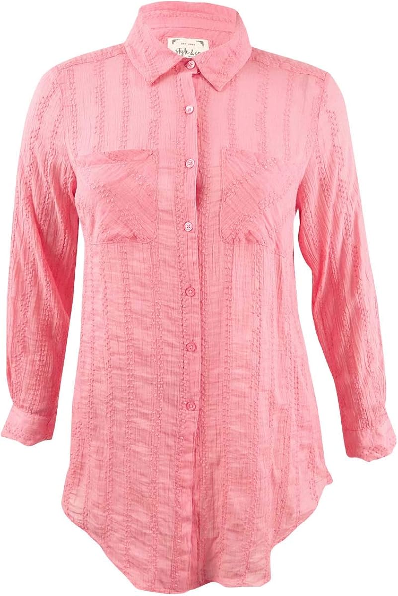 Style & Co. Womens Plus Sheer Tie Front Button-Down Top Pink 2X at Amazon Womenâs Clothing store