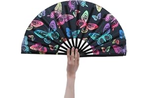 HeyToo Women/Men Large UV Glow Rave Handheld Fan for Drag Queen Cosplay EDM Club Party Music Festival Dance Decoration Butterfly