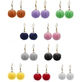 10 Pcs Set Faux Fur Pom Pom Drop Dangle Earrings for Women,10 Color 18K Gold Plated Woman Dainty Dangly Ear rings,Tassel Earings Gold Dangling Earrings,Pierced Earrings for Women