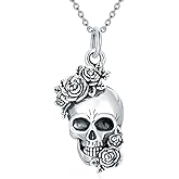 SLIACETE Skull Pendant Necklace 925 Sterling Silver with Birthstones/Synthetic Moonstone/100 Languages Stone Gothic Jewelry Halloween Gifts for Women Wife Mom