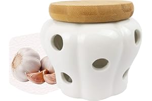 MAYMII·HOME 550ml 4.3x4.3x3.6(In) White Garlic Ginger Keeper Vented Ceramic Storage Container White Stoneware with Bamboo Lid
