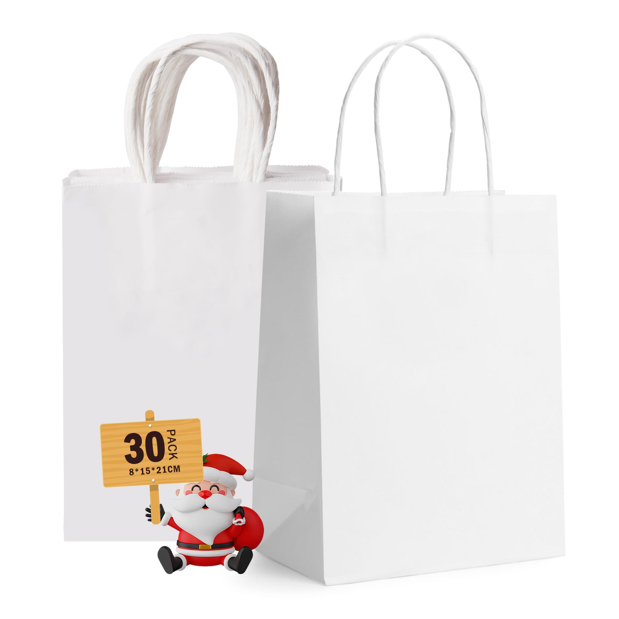 GIFTSAY Small Gift Bags with Handles Bulk 15X8X21cm 30pc Sturdy Paper Bags White for Wedding Party Favor Bags, Grocery Shopping Bags, Retail Merchandise Bags Gift Sacks and Birthday Gift Bags