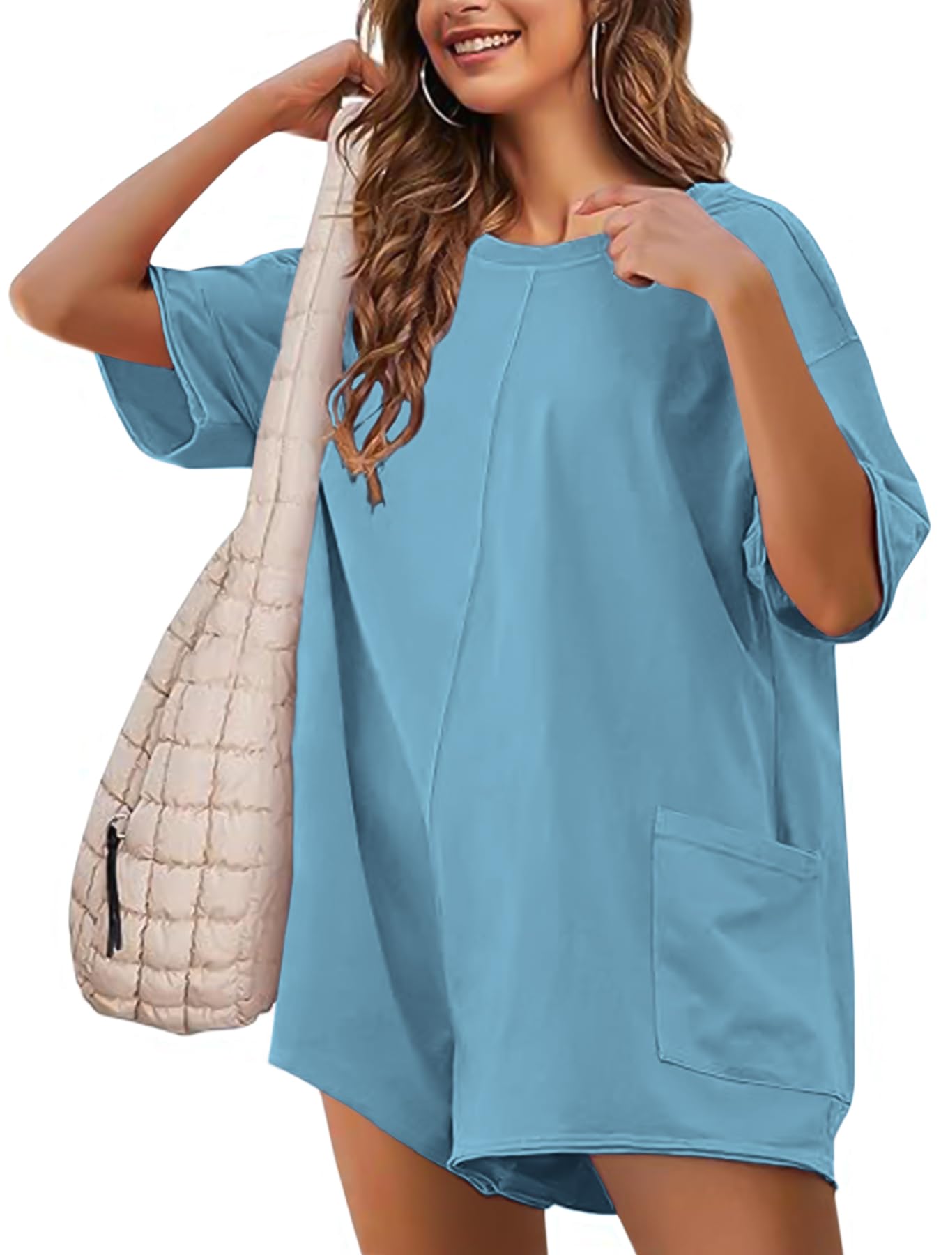 Photo 1 of NTSWZYS Rompers for Women Casual Oversized Athletic Jumpsuits Short Sleeve Workout Overalls Hot Shot Tee Romper with Pockets(TI-GreyBlue,S)