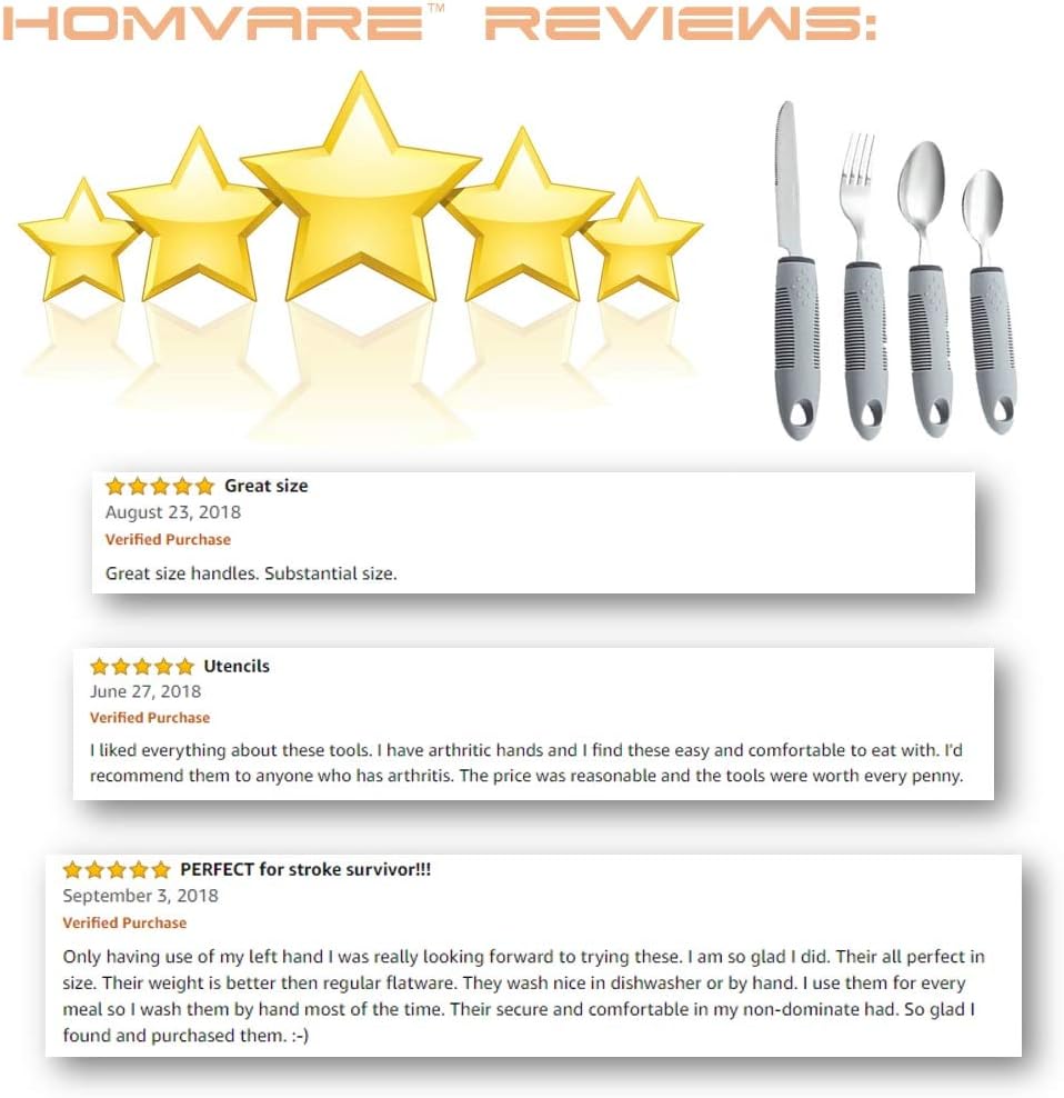Homvare Adaptive Utensils (4-Piece Kitchen Set) Wide, Non-Weighted, Non-Slip Handles for Hand Tremors, Arthritis, Parkinson’s or Elderly Use - Stainless Steel Knife, Fork, Spoons: Home & Kitchen