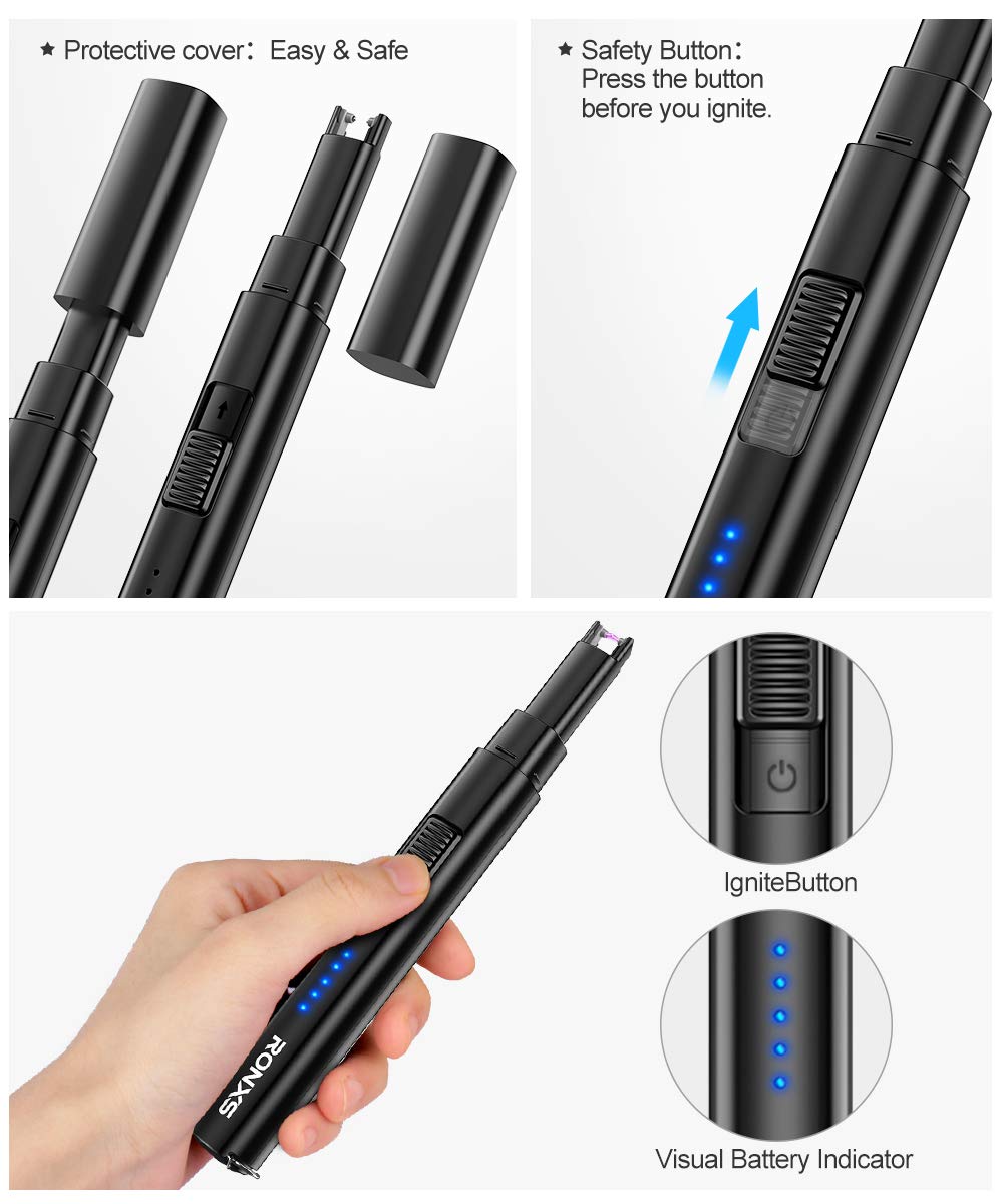 RONXS Lighter, Candle Lighter with Safety Design Cover, Battery Indicator Camping Lighter Windproof Portable 7IN Low Noise USB Plastic Lighter with Safety Switch/Hanging Hook for Candle Cooking BBQ