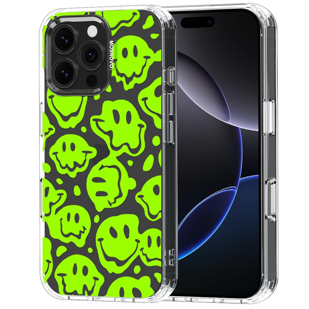 MOSNOVO Case for iPhone 16 Pro Max, [Buffertech 6.6ft Military-Grade Drop Protection] [Anti Peel Off Tech] Clear TPU Bumper Phone Case Cover Design - Distorted Green Smiles Face