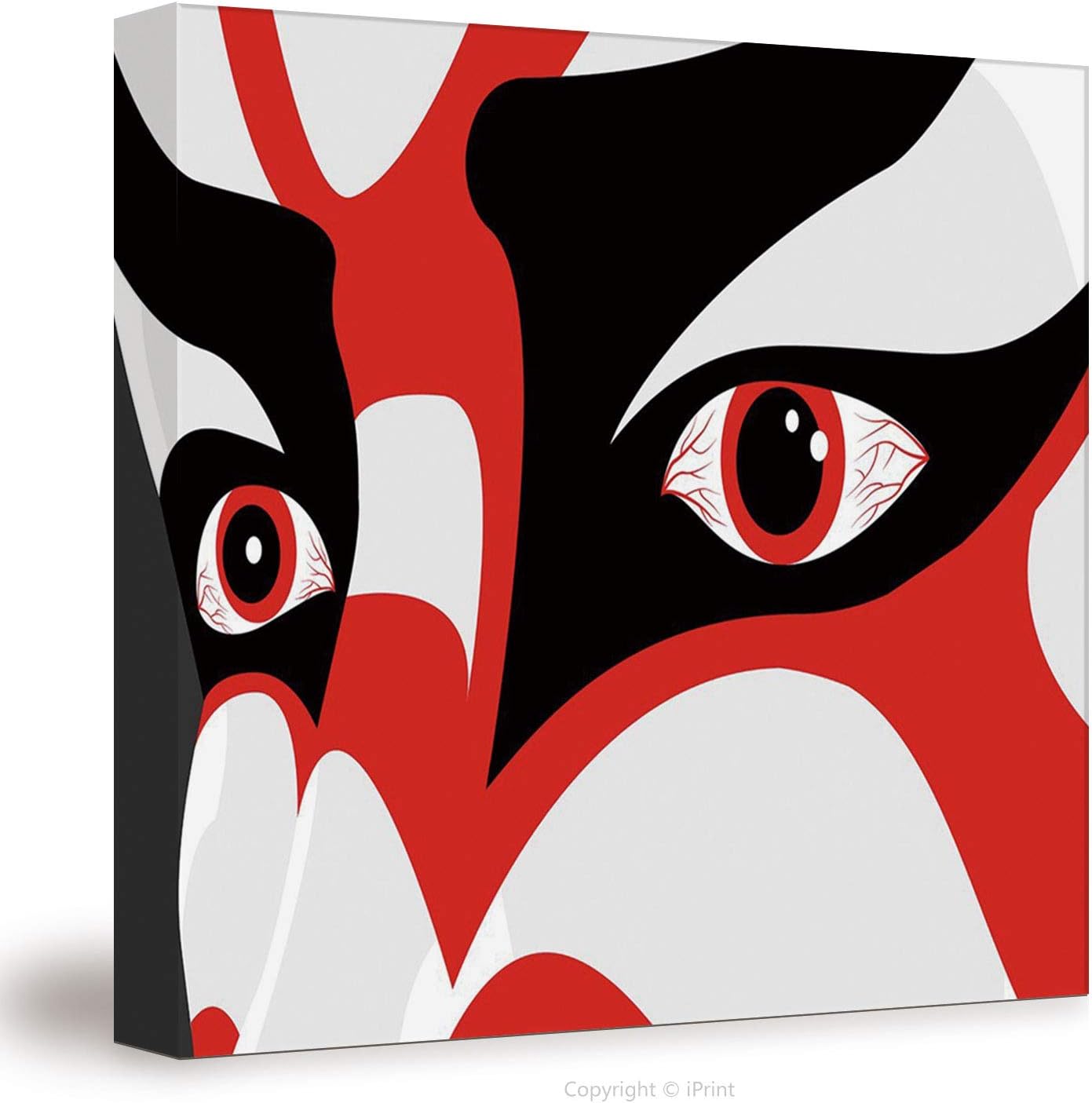 №19665 Canvas Art Wall Decor/Kabuki Mask Decoration,Japanese Drama Kabuki Face with Dramatic Eyes Cultural Theater,Black White Red/Wall Art Paintings On Canvas Stretched and Framed Ready to Hang Fo