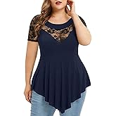 Chvity Womens Plus Size Tops O-Neck Asymmetric Short Sleeve Tunics Lace Blouse Shirts for Summer Casual S-5X