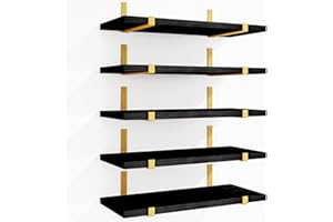 Fixwal Floating Black Gold Shelves Set of 5, Width 4.7 Inches, Rustic Wood Wall Storage Shelves for Bedroom, Living Room, Kitchen, Bathroom, Home Decor, Laundry Room, Office and Plants