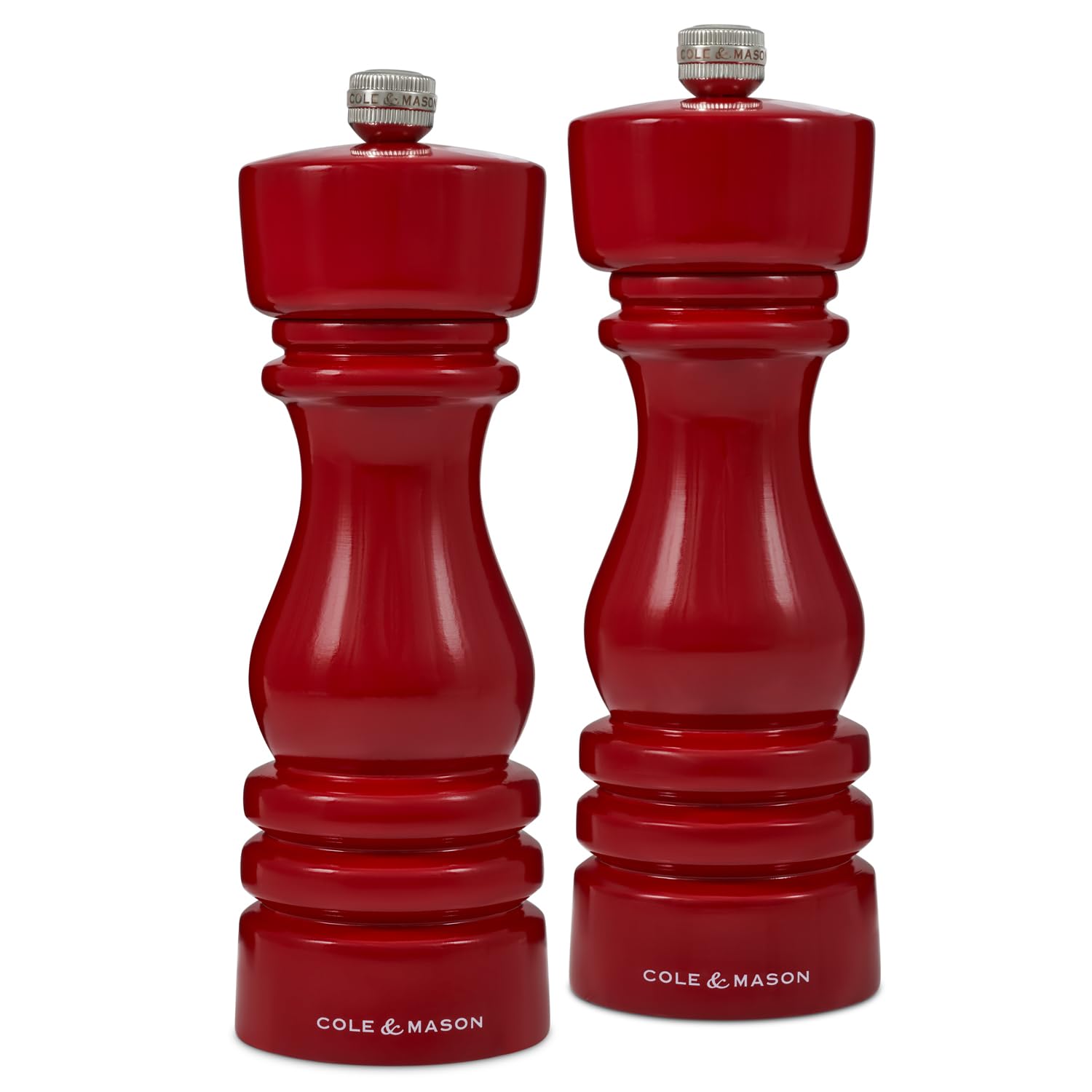 Cole & Mason London Red Gloss Salt and Pepper Mill Set, Precision+ Carbon/Ceramic Mechanisms, Salt and Pepper Grinders with Adjustable Grind, Beech Wood, 180mm, Gift Set