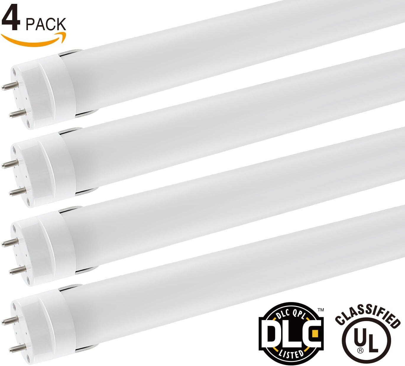 4 Pack 18W 4ft UL & DLC Listed T8 LED Tube Lights (100V-277V AC) - 5000K Daylight 1800LM LED T8 Tube for Office, Commercial, General Lighting, Replacing Traditional Fluorescent Tube