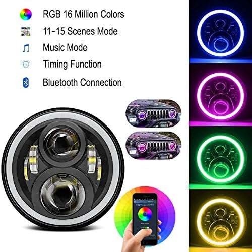 7 inch LED RGB Headlight,7” Round DRL Headlamp Flashing RGB Angel Eye Halo Ring Bluetooth Controlled for Jeep Wrangler JK LJ CJ TJ
