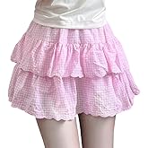 RILGOU Kawaii Gothic Clothes Casual Style Elastic High Waist Embroidery Lace Trim Layered Pink Plaid Short Skirt