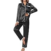 Ekouaer Satin Pajamas for Women Silk Long Sleeve Sleepwear Button Down Loungewear 2 Pieces Lace Soft Pjs Set