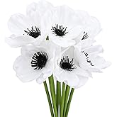 hidyuuoo Artificial White Flower, 36 PCS Black and White Flowers, 11 Inch Silk Anemone Flower, Stems PU Real Touch Fake Flowers for Wedding Memorial Day Centerpiece Home Kitchen