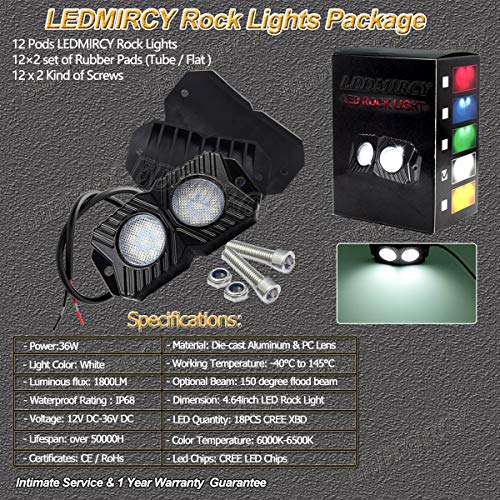 LEDMIRCY LED Rock Lights White Kit for JEEP Off Road Trucks ATV UTV Boat SUV RZR 12Pods Underglow Waterproof Light 12V-18W Trail Rig Lights Underbody Glow Shockproof Lights (12PCS-White） - Thumbnail 5