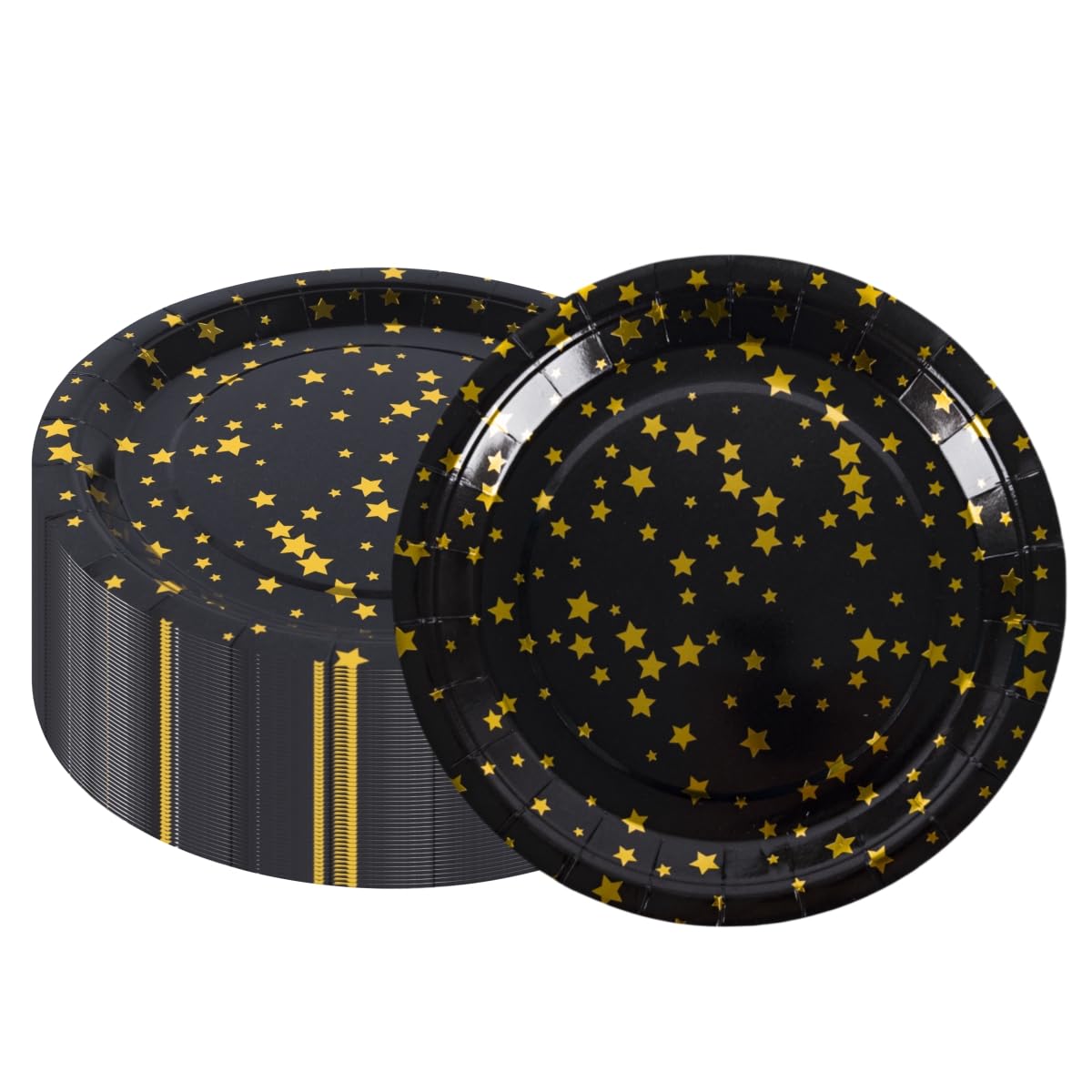 CEILIWEN Black Gold Paper Plates, 50 Pack 9 inch Birthday Decorations, Round Star Plates, Disposable Dinner Dishes