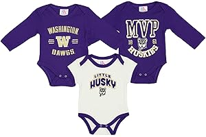 Knights Apparel NCAA Washington Huskies Newborn and Infant Boys 0-24 Months 3-Pack Creeper Bodysuit Set