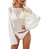 KEOMUD Women Crochet Knit See Through Tops Cover Up Fashion Long Sleeve Crew Neck Short Top