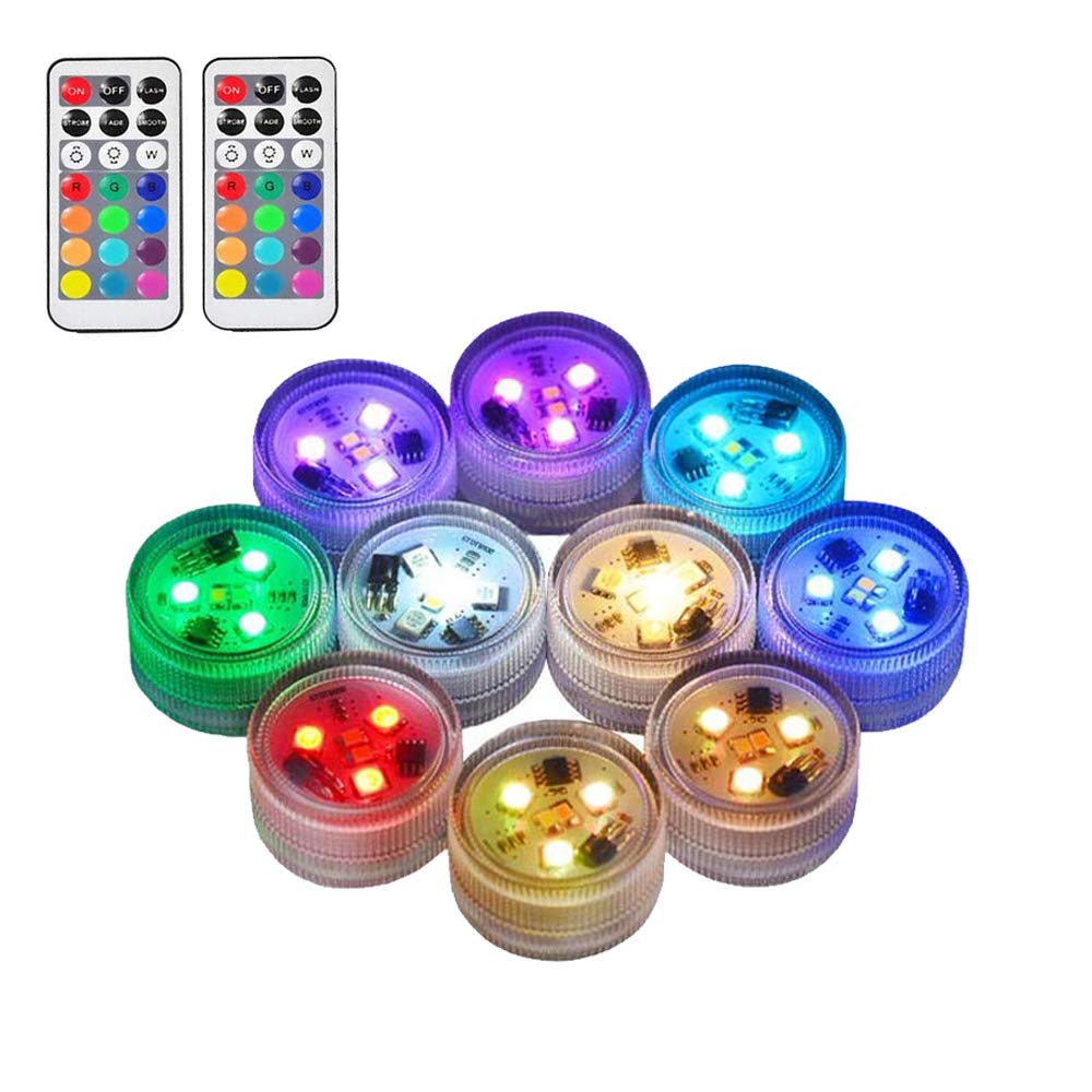 10pcs Submersible LED Lights 100% Waterproof CR2450 Mood Light Underwater Lights Battery Powered with IR Remote Control for Vase Fishtank Wedding Halloween Christmas