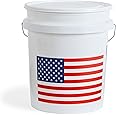 United Solutions 5 Gallon Bucket, Heavy Duty Plastic Bucket, Comfortable Handle, Perfect for on The Job, Home Improvement, or Household Cleaning, White with USA Flag, Pack of 2