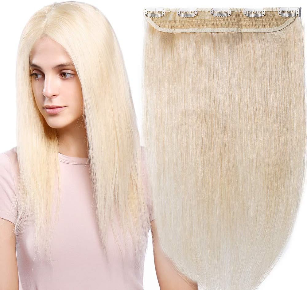 22 inch One Piece Clip in 100% Remy Human Hair Extensions Long Straight 3/4 Full Head Real Hair 5Clips, 55g #60 Platinum Blonde