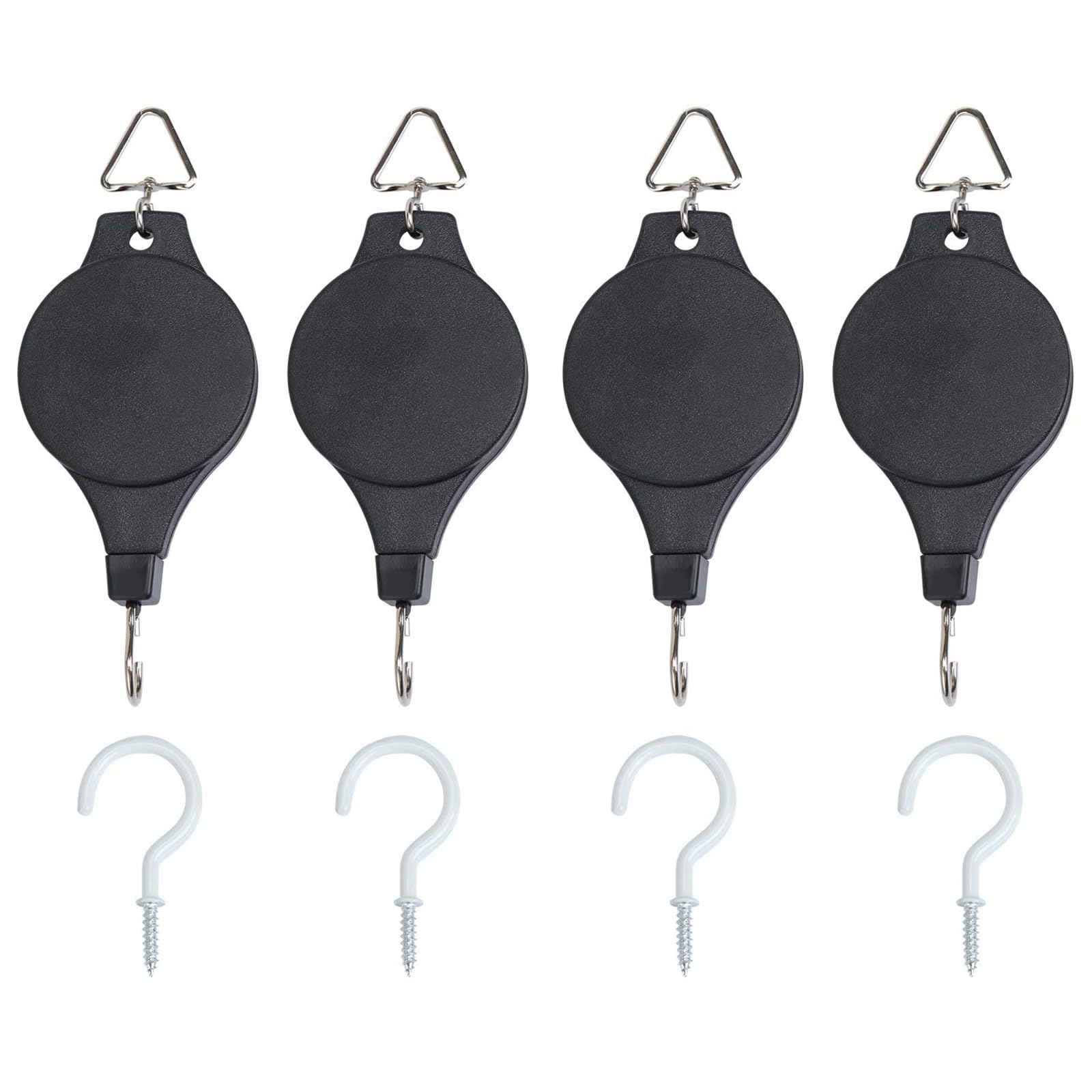 Fippy 4 PCS Hanging Basket Pulley, Adjustable Heavy Duty Plant Pulley Hook with 4PCS White Ceiling Hooks for Hanging Plant Baskets, Bird Feeder, Plant Grow Light