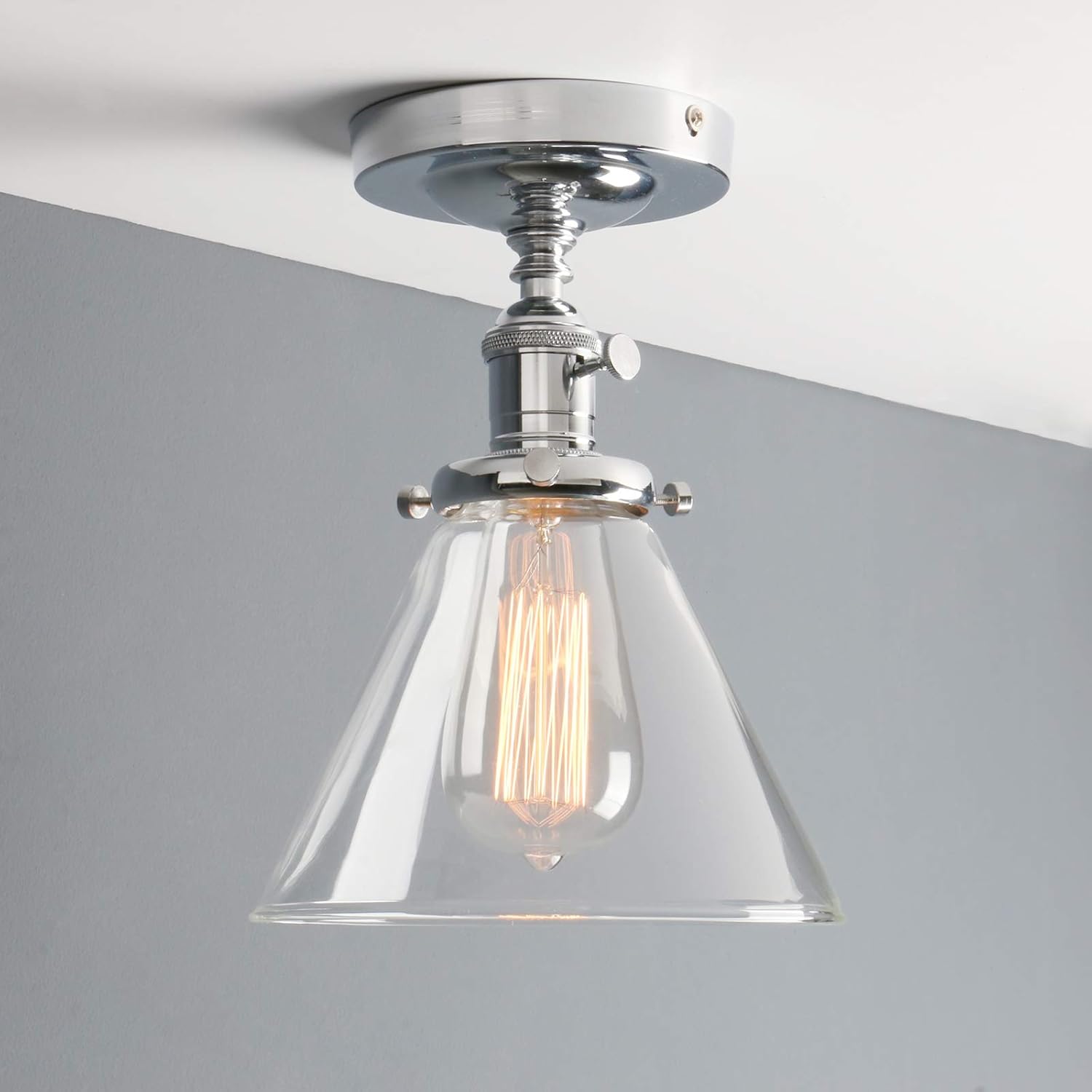 Phansthy Industrial Ceiling Light Fixtures with Switch, Funnel Clear Glass Hallway Lighting Close to Ceiling E27 Base - Image 3