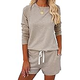 Metietila Women’s Long Sleeve Pajamas Set PJ Sets Casual Pullover and Shorts PJs Jogger Set Sleepwear Loungewear