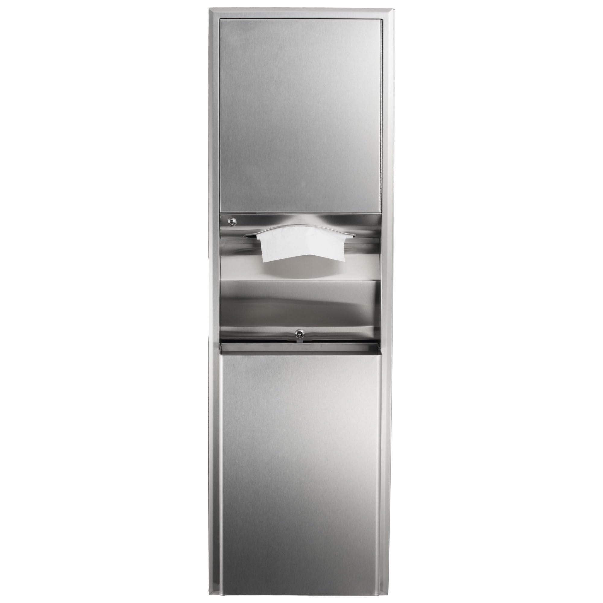 Photo 1 of **MISSING BOTH KEYS. BEND DAMAGE. SELLING FOR PARTS**Bobrick 3949 ClassicSeries Stainless Steel Surface-Mounted Convertible Paper Towel Dispenser/Waste Receptacle, Satin Finish, 12 Gallon Capacity, 17-1/2" Width x 56-5/16" Height