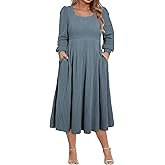 Eytino Womens Plus Size Dress Square Neck Long Sleeve Midi Sweater Dresses with Pockets(1X-5X)