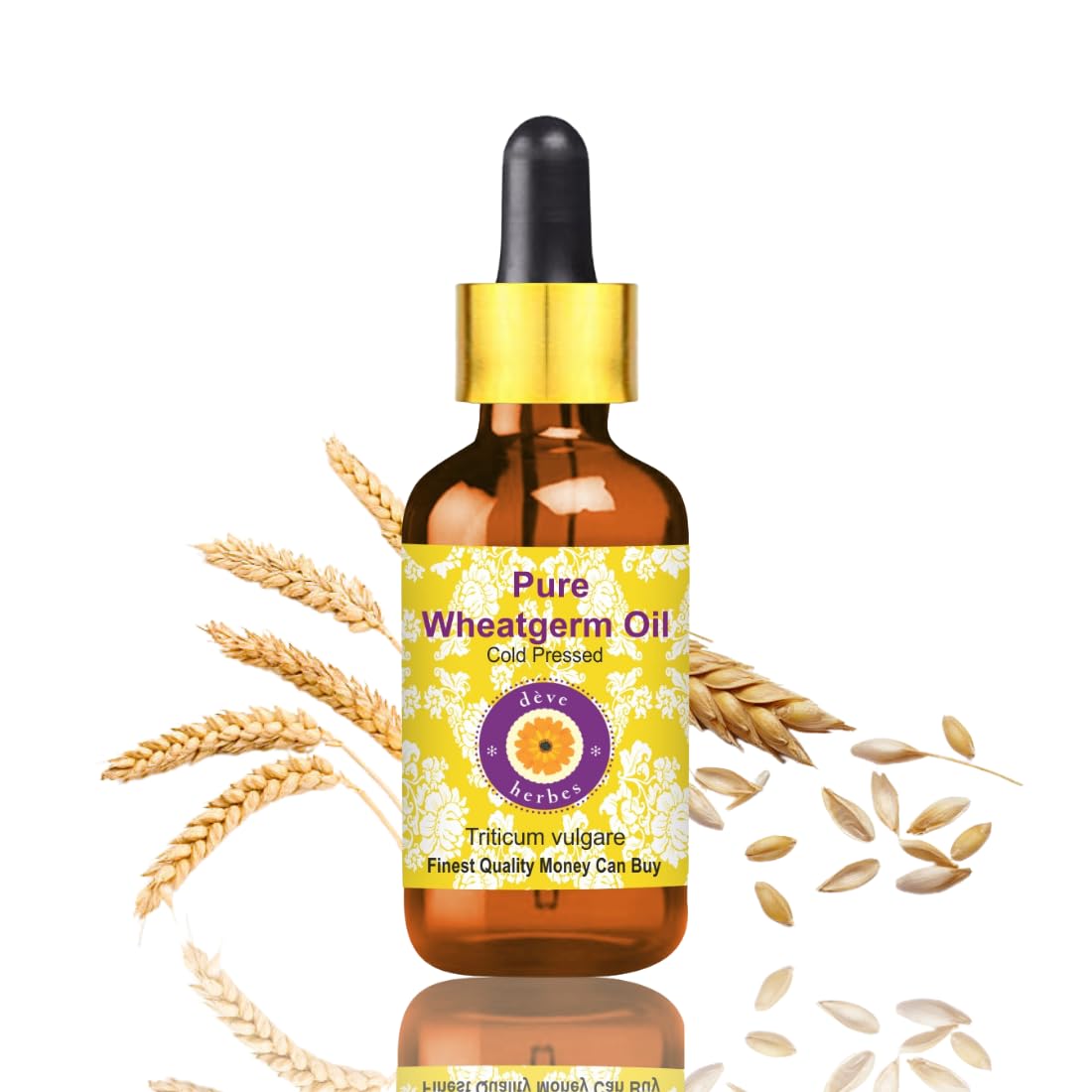 Deve Herbes Pure Wheatgerm Oil (Triticum vulgare) Non-Sticky | Non-Greasy | For Skin, Hair, Massage & DIY Use 50ml with Glass Dropper